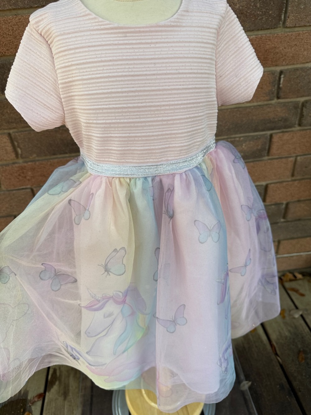 Blueberi Boulevard Pale Pink Ribbed Dress with Unicorn and Butterfly Trim Size 6 - Picture 2 of 6